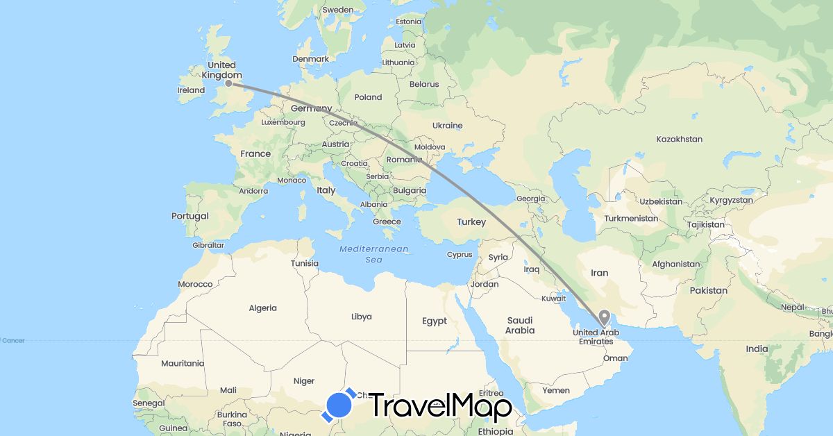 TravelMap itinerary: driving, plane in United Arab Emirates, United Kingdom (Asia, Europe)